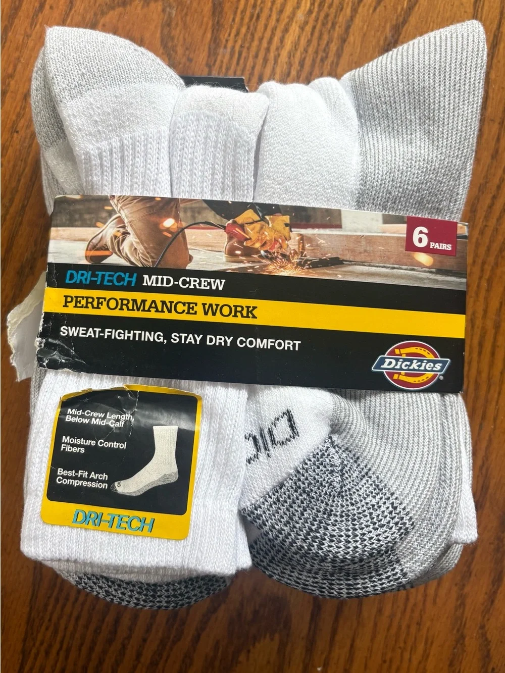 Dickies White & Gray Mid-Crew Dri-Tech Performance Work Socks - 6 Pairs